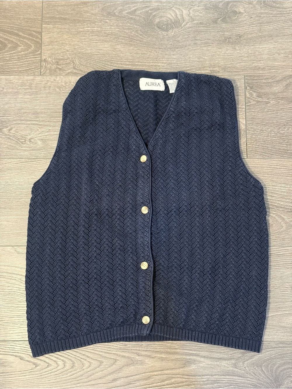 Vintage Aurea Navy Blue Textured Knit Sweater Vest | Large